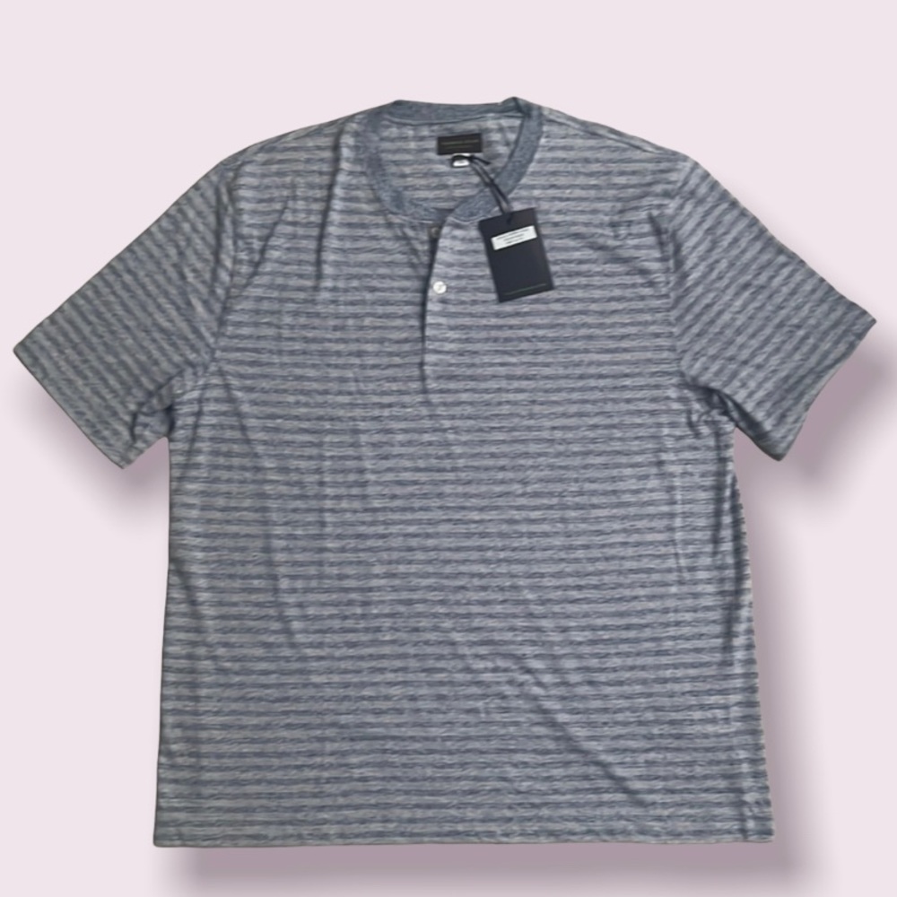 Thomas Dean performance shirt Henry style two button XL mens blue gray stripe